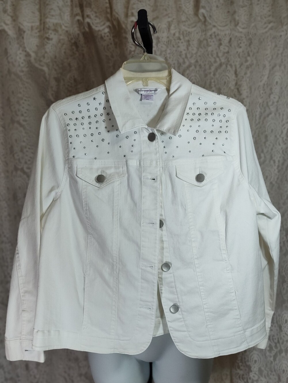 Allison Daley Long Sleeve White Denim Jean Jacket w/Silver Studs